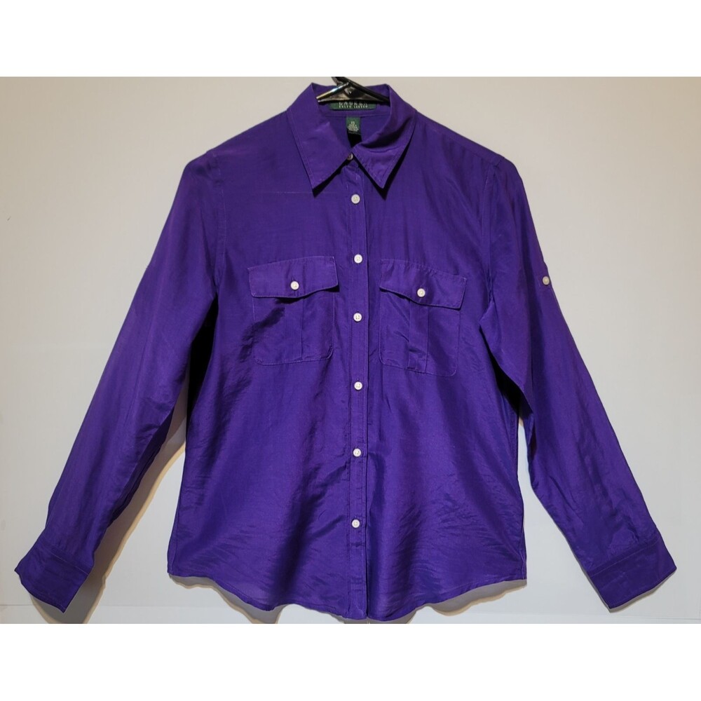 LAUREN Ralph Lauren Purple Cotton Silk Button Up Blouse Shirt Roll Tab Sleeve XS